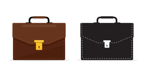 Business briefcase with black silhouette, design isolated on white background. Business handle case. Leather briefcase male bag. Work suitcase. Office case. Finance handbag.