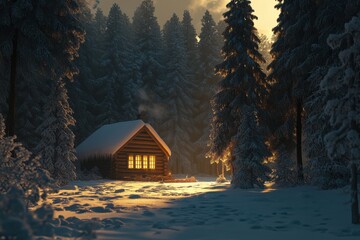 Traditional log cabin in a snowy forest, warmth