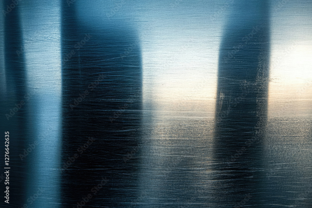 Poster brushed metal surface with light reflections creating dark vertical stripes.
