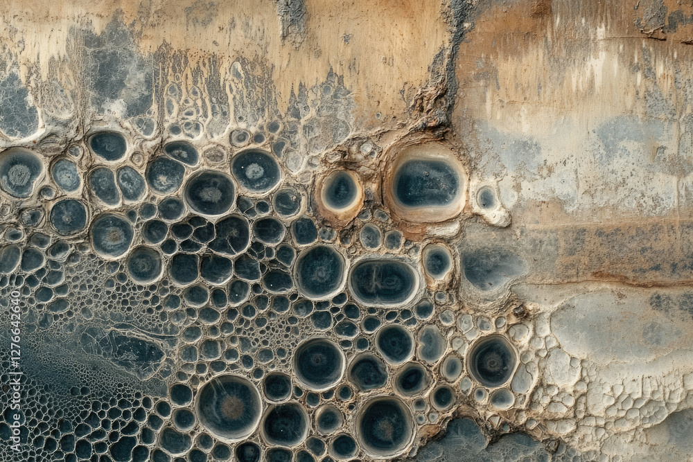 Aufkleber Abstract image of textured surface with irregular, bubble-like formations in beige and dark gray.