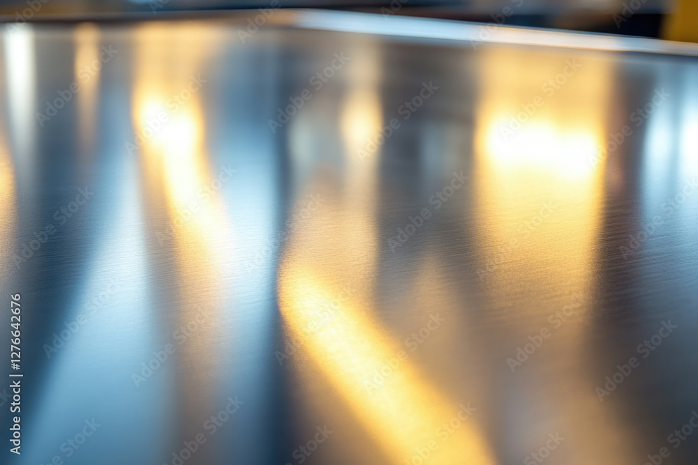 Aufkleber Abstract image of blurred light reflections on a metallic surface, creating a warm and cool contrast.
