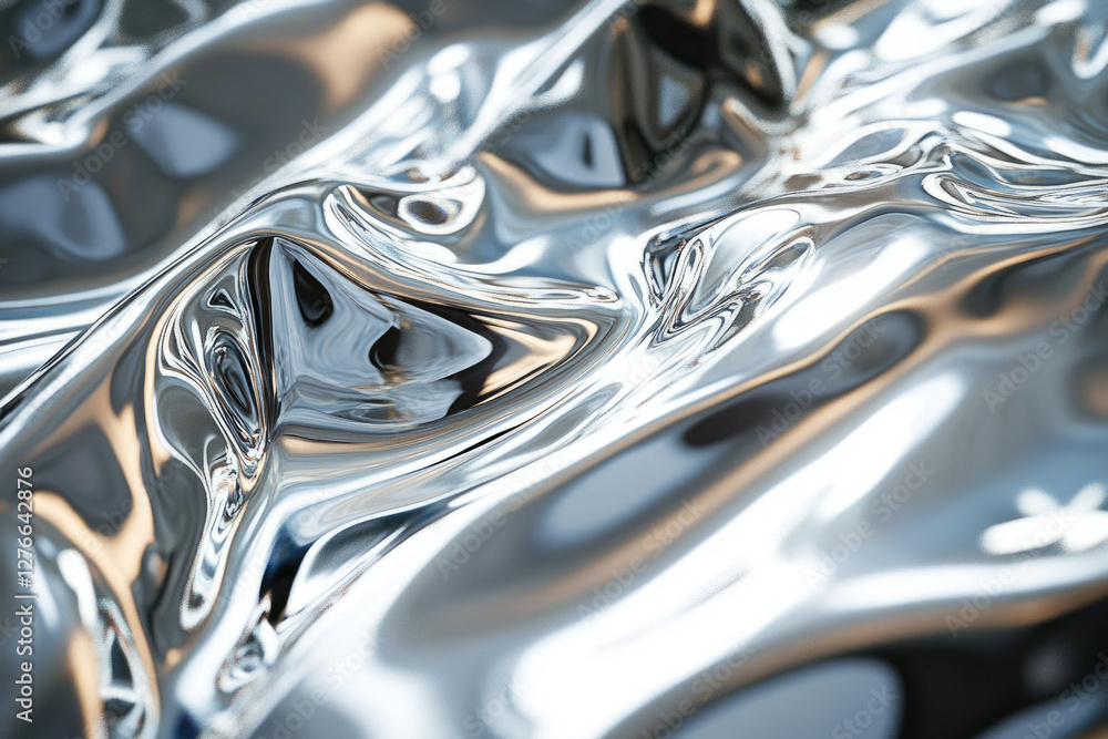 Poster abstract image of flowing, reflective, metallic liquid with swirling patterns and highlights.