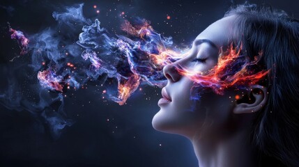 Naklejka premium Surreal portrait of a woman mind state of mind cosmic nebula