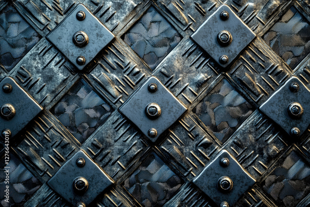 Aufkleber a detailed close-up of a dark, metallic surface with square plates and rivets, creating a textured, 