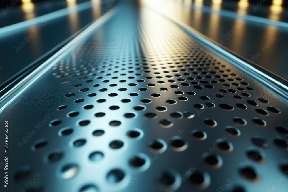 Poster Close-up view of a perforated metal sheet with a pattern of regularly spaced holes, reflecting light.