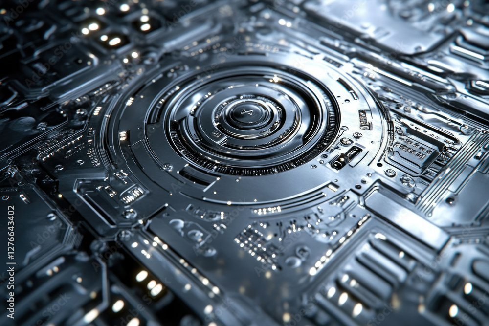 Poster close-up of a futuristic metallic circuit board with a central circular component, showcasing intric