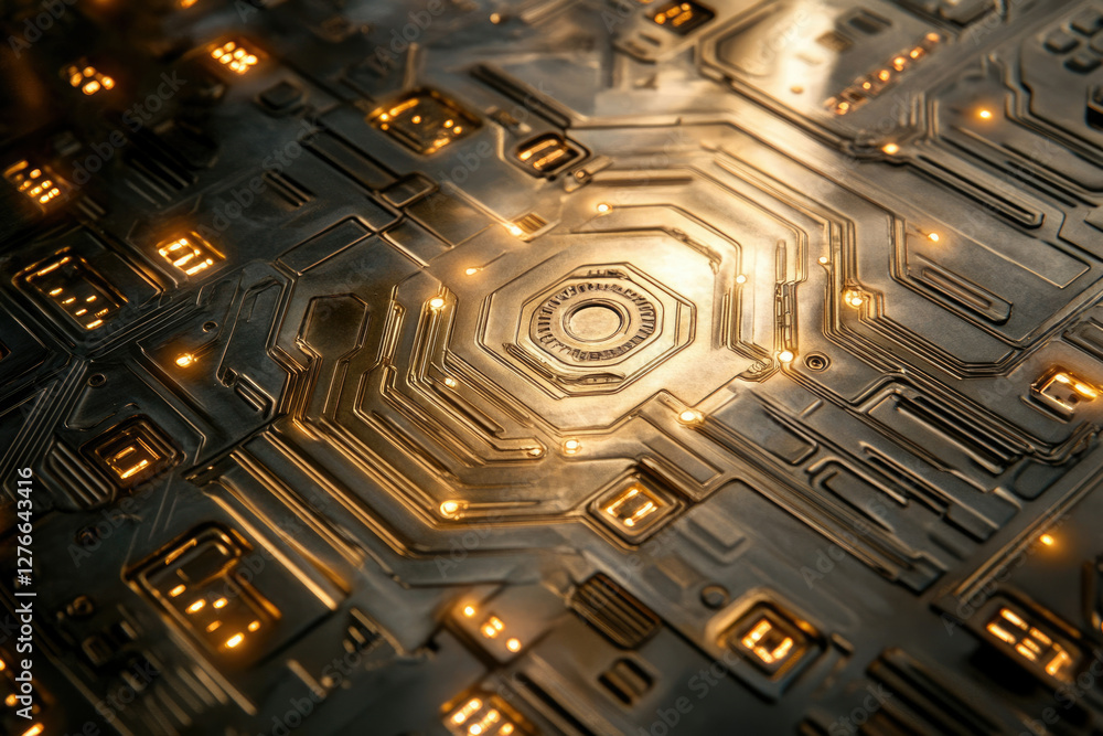 Poster close-up of a futuristic metallic circuit board with glowing elements, showcasing intricate design a