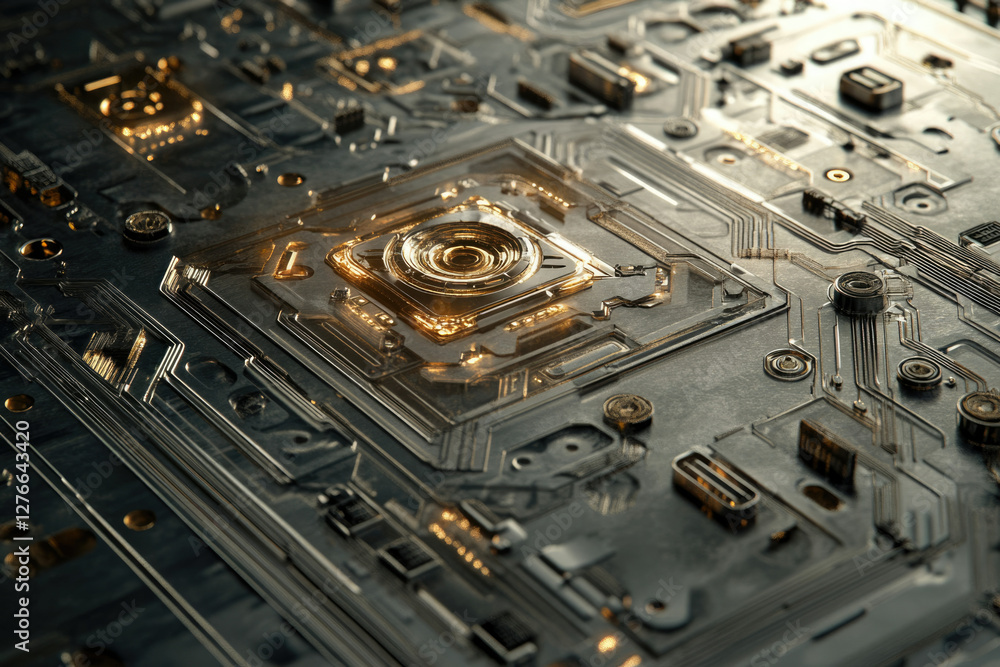 Aufkleber close-up of a futuristic circuit board with glowing central component, intricate design.