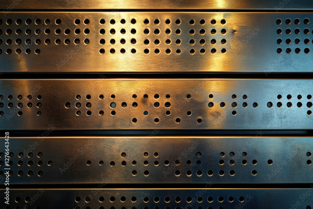 Aufkleber four metallic bands with repeating patterns of holes, illuminated with warm light.