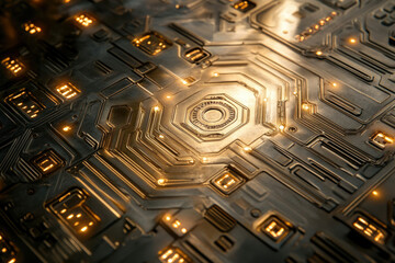 Obraz premium Close-up of a futuristic metallic circuit board with glowing elements, showcasing intricate design and technological advancement.