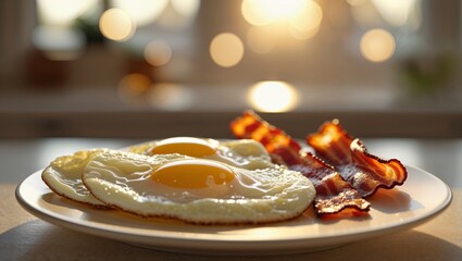 A bright morning breakfast featuring crispy bacon strips and sunny-side-up fried eggs on a plate.