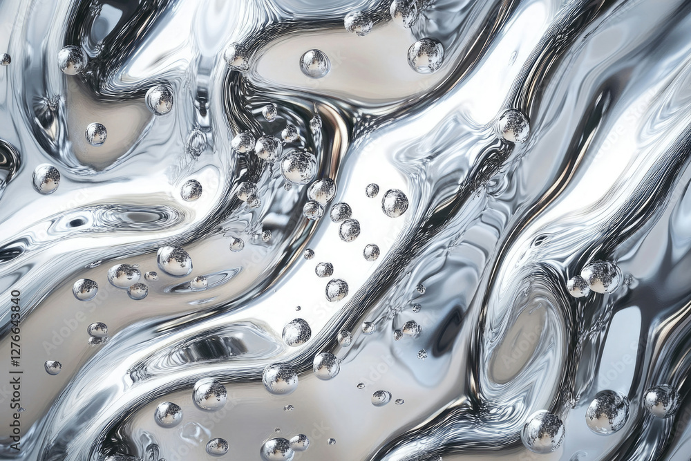 Poster abstract image of flowing liquid silver with many air bubbles, creating a luxurious and elegant visu
