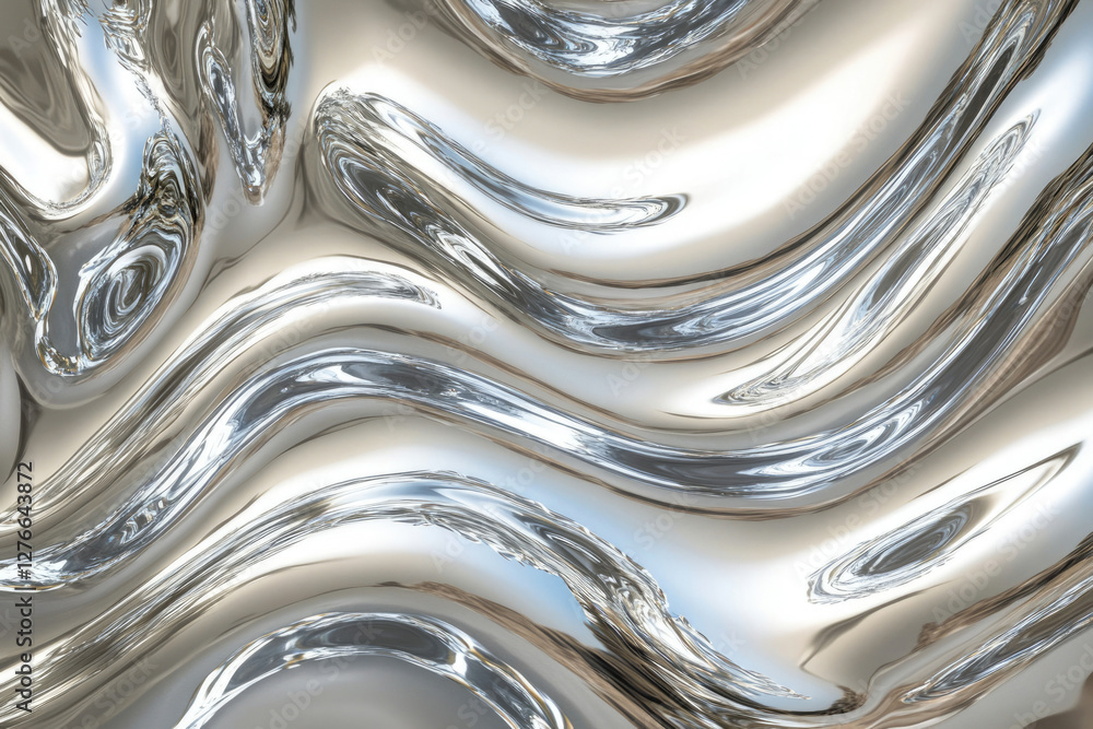 Poster abstract image of flowing, reflective, metallic silver liquid with wavy patterns and highlights.