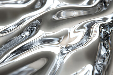 Abstract image of flowing, metallic liquid with swirling, reflective surface and light highlights.