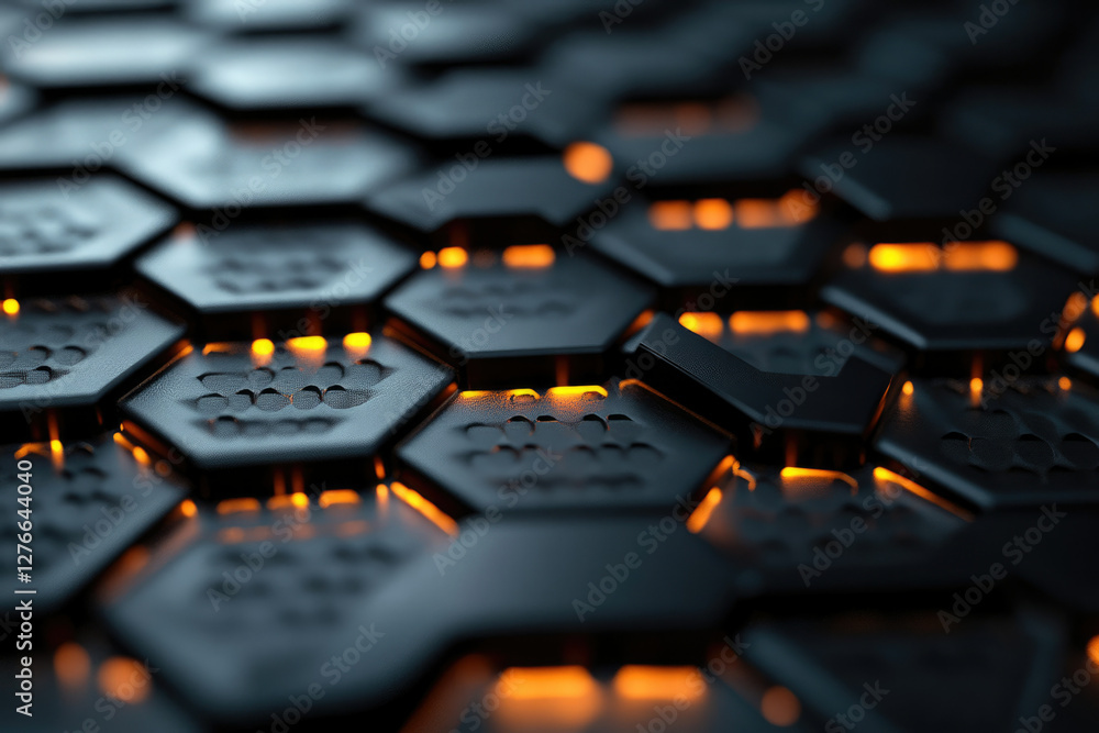 Poster Abstract 3D render of glowing hexagonal pattern, futuristic technology background.
