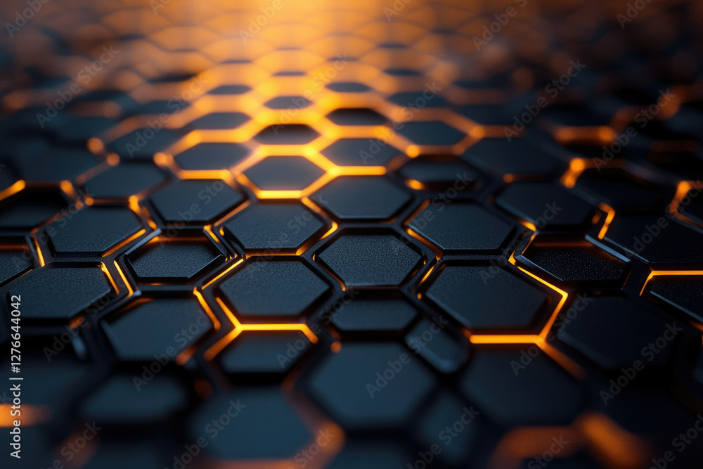 Poster Abstract background of dark hexagonal grid with orange glowing edges, creating a futuristic and technological feel.
