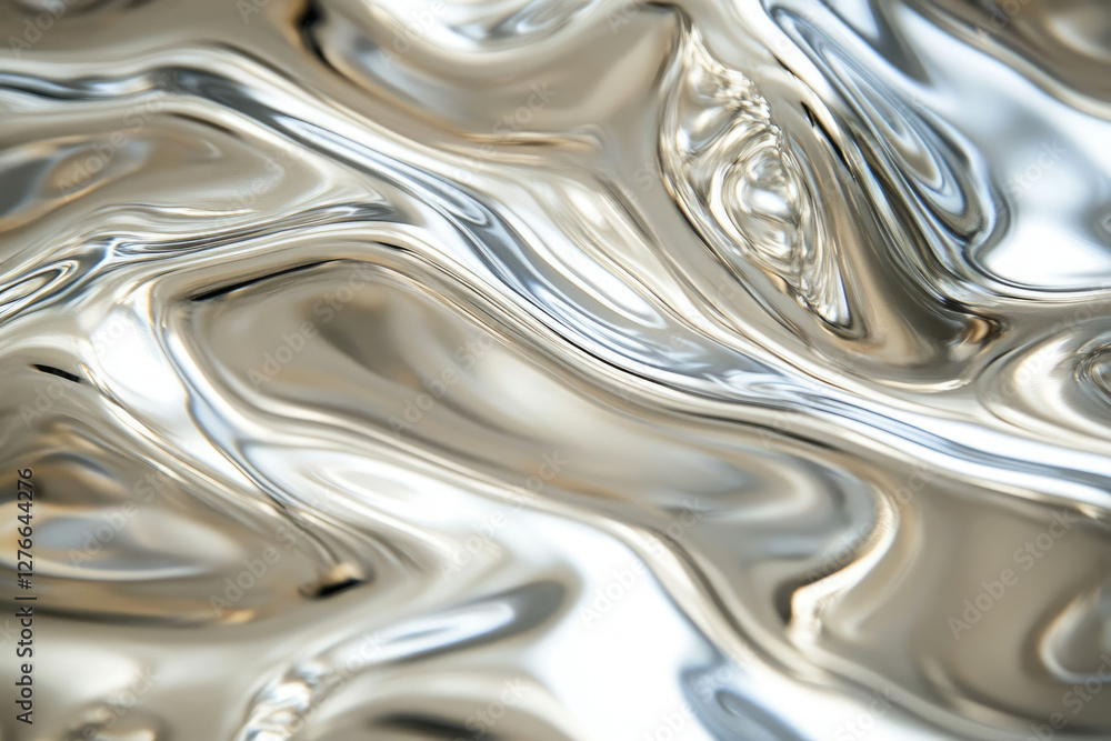 Poster abstract image of flowing, metallic liquid, shimmering with reflective, wavy patterns.