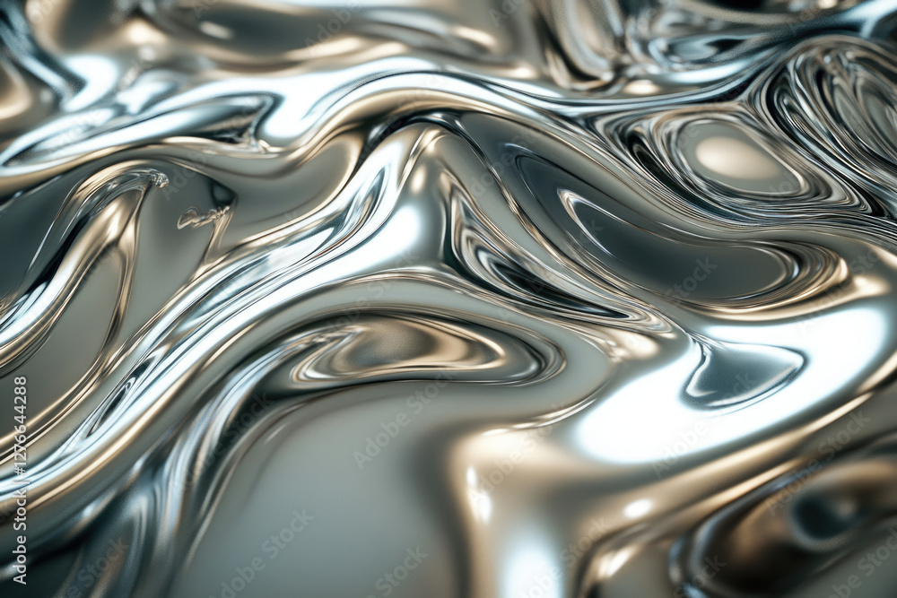 Poster abstract image of flowing, reflective liquid metal with swirling, wavy patterns and highlights.