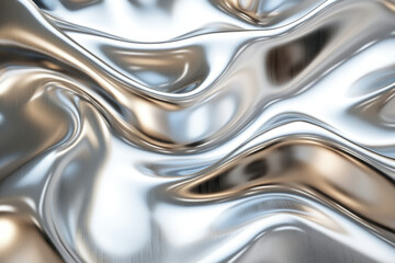 Abstract image of flowing metallic silver fabric with soft waves and highlights.