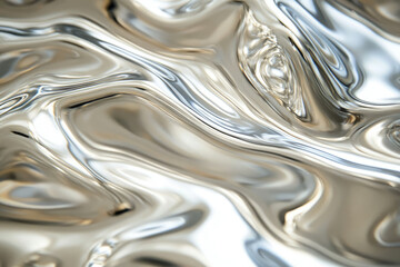Abstract image of flowing, metallic liquid, shimmering with reflective, wavy patterns.