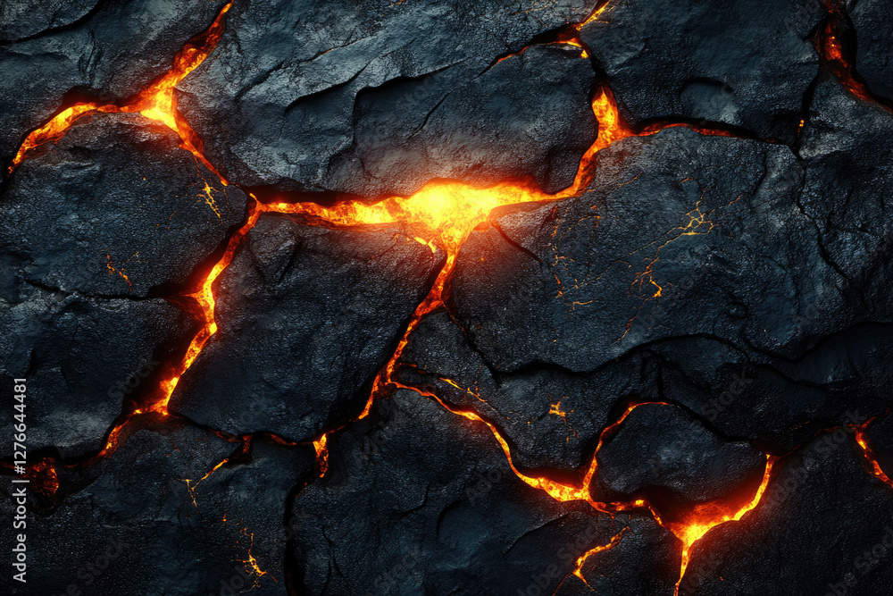 Poster molten lava flows through cracks in dark volcanic rock, creating a fiery, textured surface.