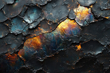 Dark, cracked texture with iridescent, gold, and blue hues. Abstract art.