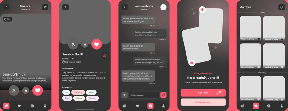 Date, Relations, Social Communication, Chat with friends & Dating Mobile App & Black Ui Kit Template
