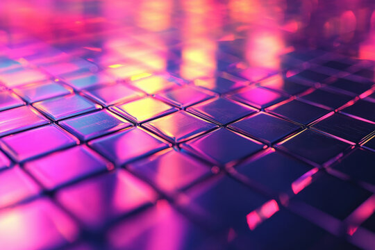 Reflective metallic squares illuminated with vibrant pink and purple neon lights.