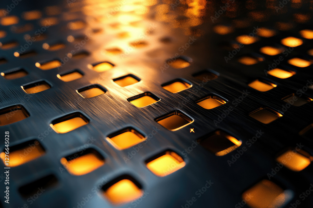 Aufkleber a dark metallic surface with a grid of square cutouts, illuminated from below with warm orange light