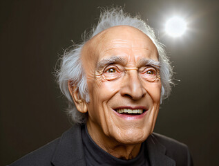 Obraz premium Elderly man smiling joyfully under bright studio light with tousled white hair and wrinkles that tell a lifetime of stories