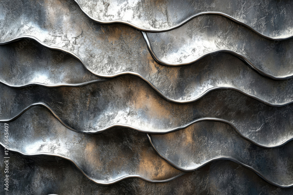 Poster abstract metallic texture with undulating, wave-like patterns, dark grey and silver tones.