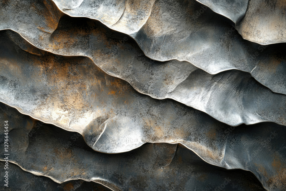 Aufkleber abstract metallic texture with layered, undulating forms in shades of gray and bronze.