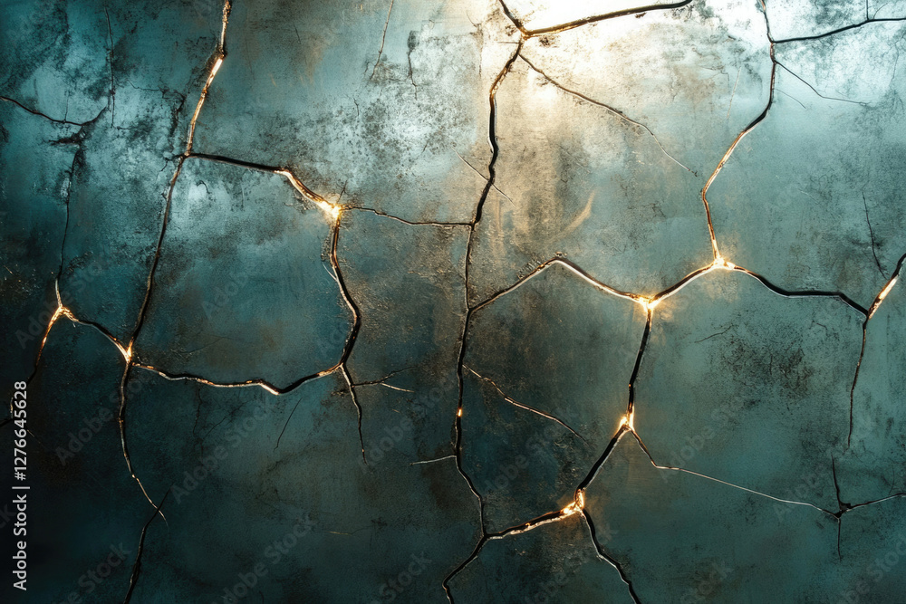 Poster cracked metallic surface with glowing fissures, creating a dramatic and textured background.