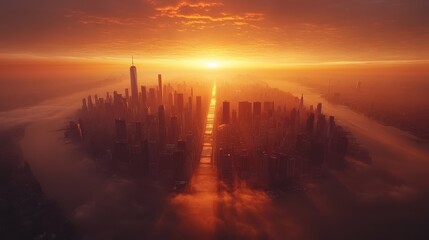 Majestic sunrise over manhattan skyline with vibrant orange and yellow hues illuminating the cityscape