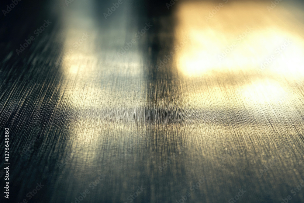Poster close-up of a brushed metal surface illuminated by warm light, showcasing its texture and reflection
