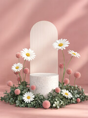 A fresh and elegant design featuring daisies and soft pink tones, perfect for showcasing products in a nature-inspired, minimalist studio setting.