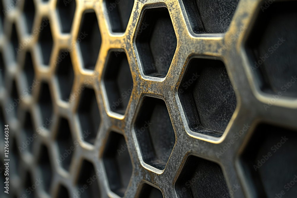 Poster close-up of a metallic honeycomb grid with a textured, aged gold finish.