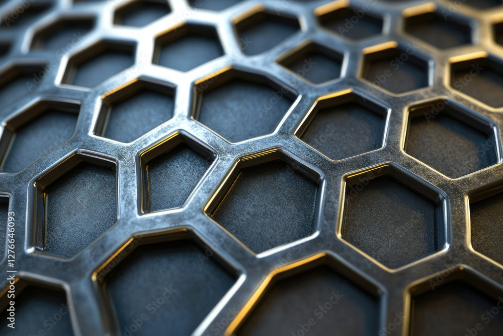Aufkleber Close-up of a metallic honeycomb structure, displaying intricate hexagonal patterns and a dark, textured background.