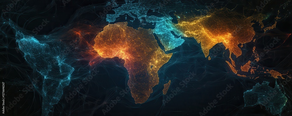 Poster global digital connectivity: neon map showcasing network activity across continents