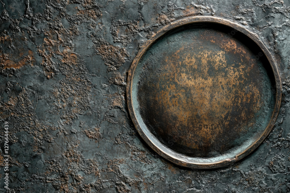 Poster rustic metallic background featuring a circular bronze plate on a textured, dark surface.