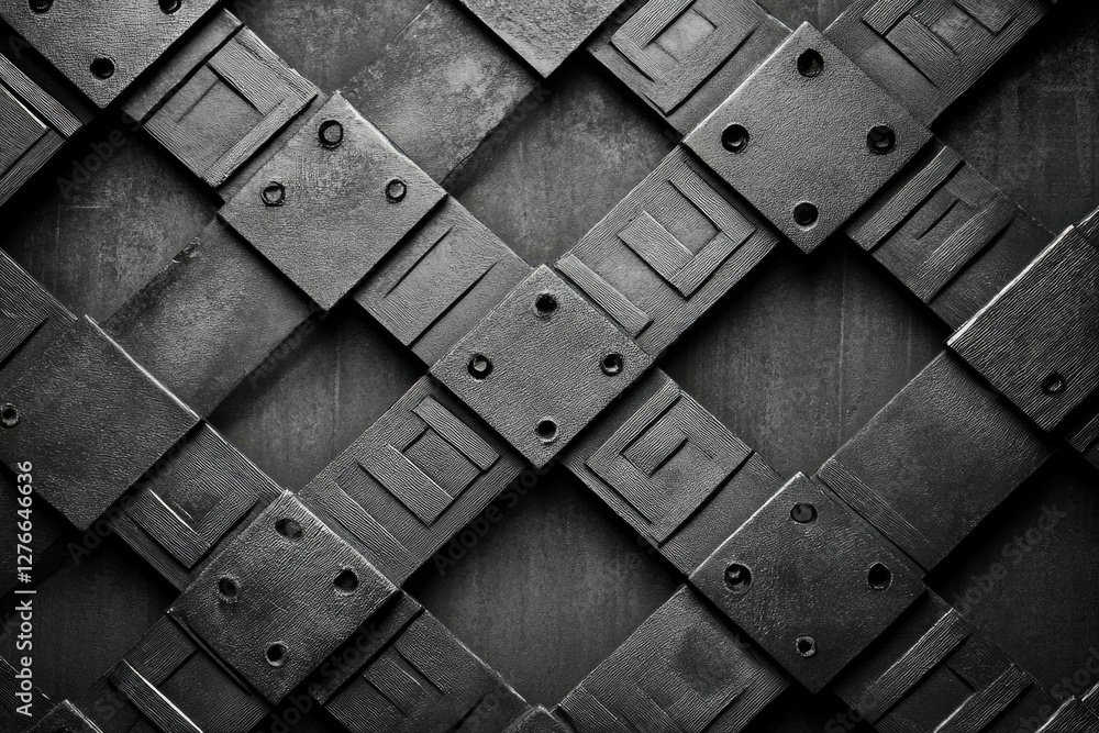Poster abstract geometric dark gray metal grid pattern, interlocking squares and rectangles, industrial des