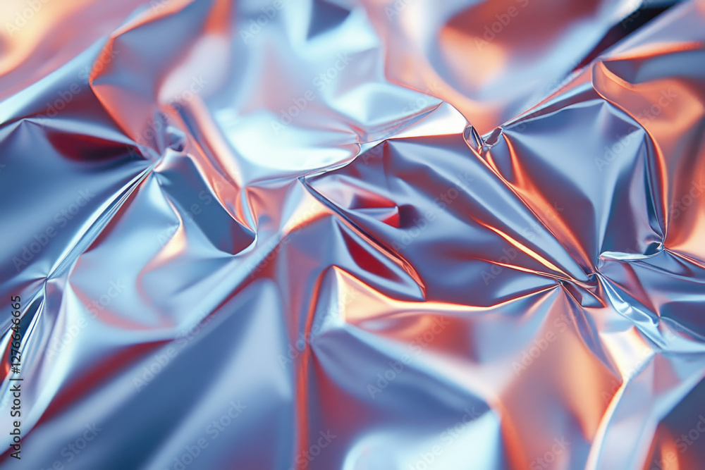 Poster Abstract image of crumpled metallic foil with blue and orange hues, creating a textured, iridescent effect.