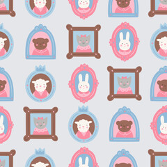Seamless patten with cute animals portrait in the vintage frames. Cartoon rabbit, bear, sheep and cat. Children texture in flat style for kids bedding or wrapping paper. 