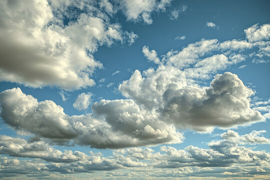 A breathtaking view of fluffy cumulus clouds scattered across a vibrant blue sky. - Powered by Adobe