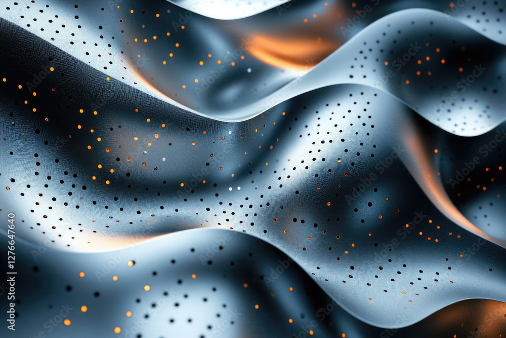 Fototapete abstract metallic surface with perforated pattern and wavy texture, illuminated with warm light.