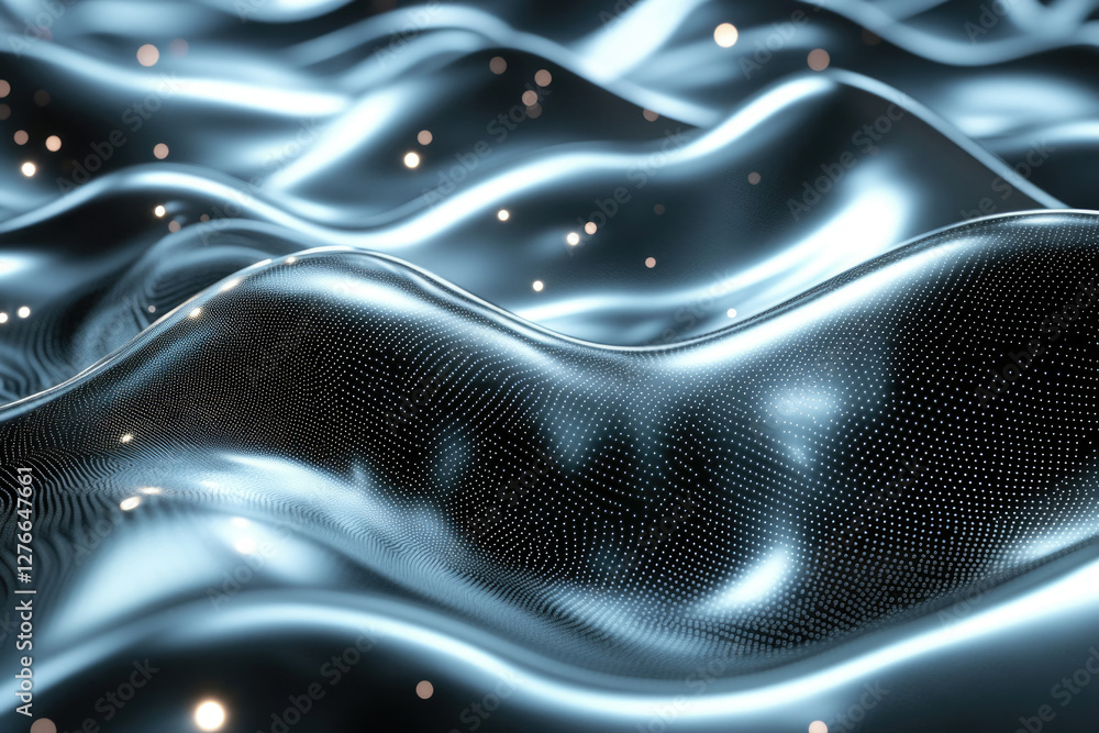 Leinwandbilder abstract 3d rendering of a flowing, metallic surface with glowing particles.