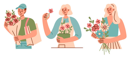 Happy character with bouquet. Men and women holding flower bunches. Couple in love. Romantic dating. People carrying blossoms in cart. Bike floral delivery. Natural plants. Blooming gifts vector set
