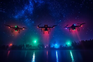 Naklejka premium Three drones flying over a lake at night, illuminating the water with colorful lights, against a backdrop of a starry sky