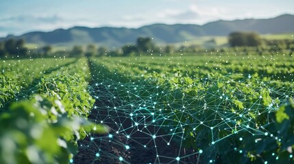 Smart farming technology network over green vineyard.