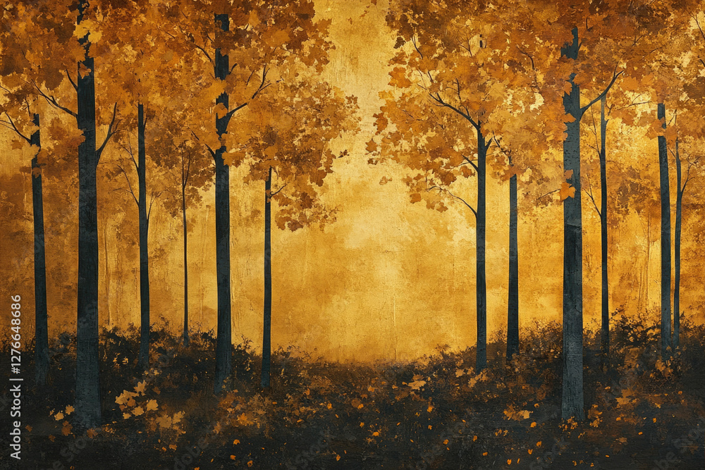 Poster golden autumn forest scene with dark tree trunks and golden foliage.